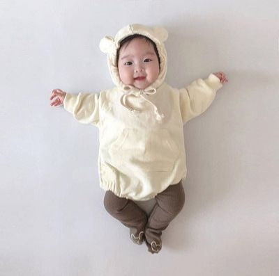 Frühling und Herbst Baby Niedliche Bären Kletterkleidung für Jungen und Mädchen Langarm-Kapuzenpullover mit Furz Einteiler Strampler_voghion.com