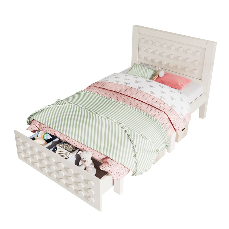 Holzbett 90x190cm Mit Blockdesign, Massivholz, Schubladen, Stauraum, Blanc_voghion.com