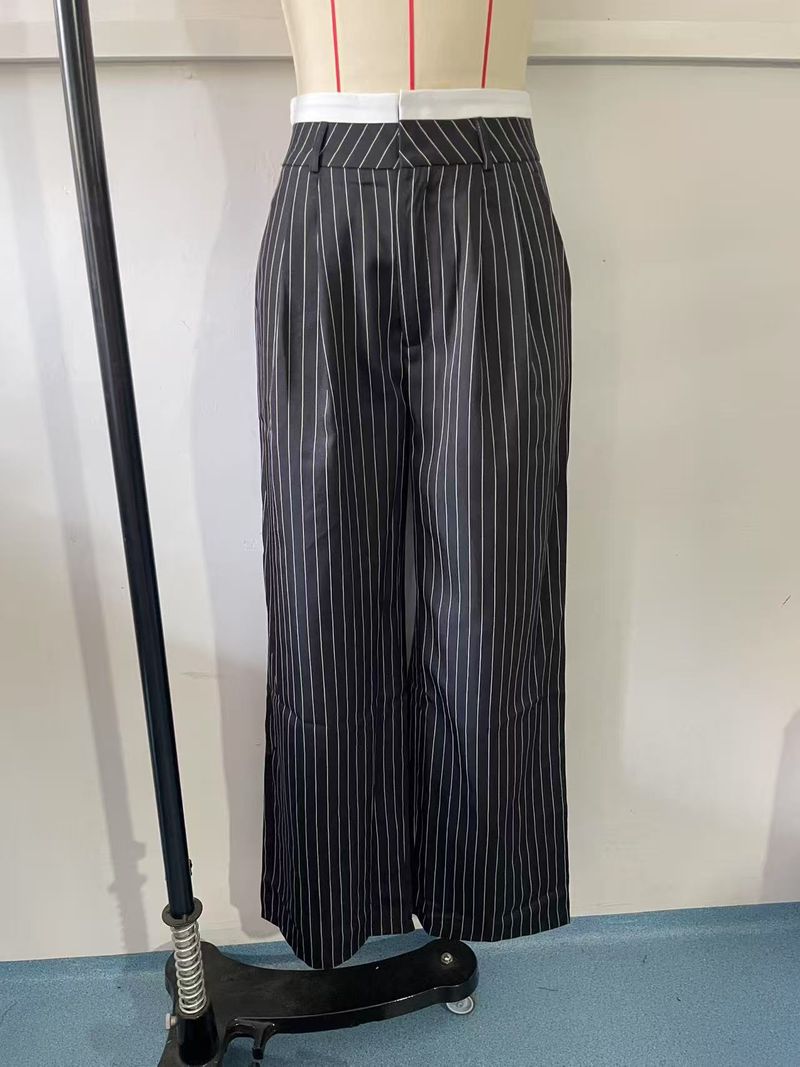 Pantaloni larghi a vita alta da donna - Pantaloni casual a righe color block con taglio dritto e fluido_voghion.com