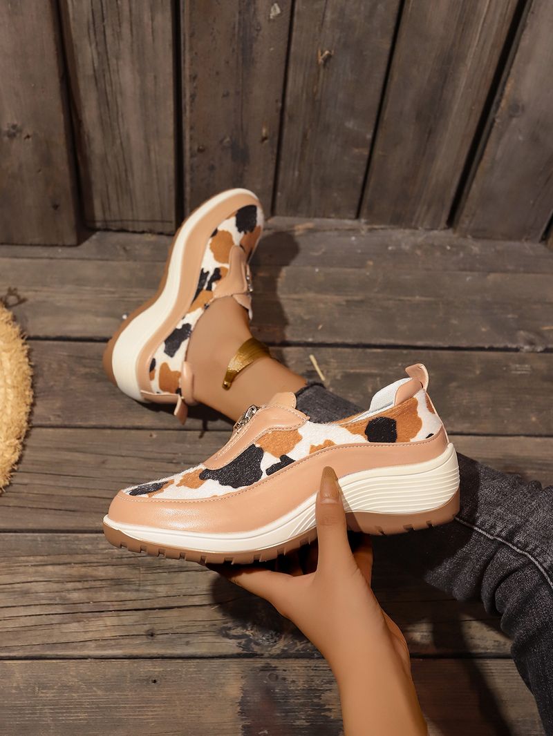 Damenschuhe große Freizeitschuhe farblich passende Leopardenmuster Keilabsatz dicke Sohle runde Zehen Slip-On-Schuhe_voghion.com
