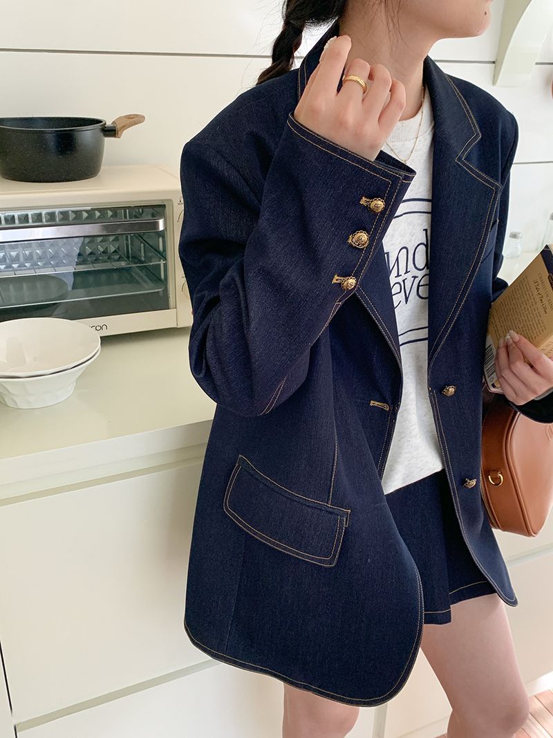 Şık Sonbahar Ofis Giyim Seti - Lacivert, Pamuk-Polyester Karışımlı Kadın Blazer ve Etek Takımı, Profesyonel ve Günlük Etkinlikler İçin_voghion.com