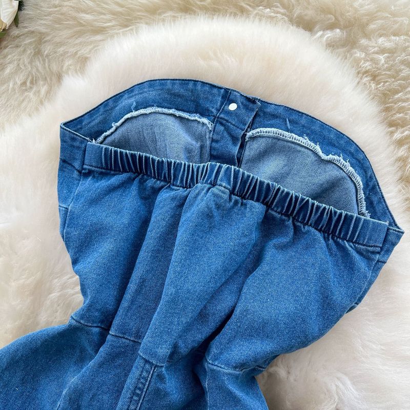 Abito da donna retrò, senza maniche, con cinturino, vita e orlo grezzo, in denim, monopetto, aderente, con gonna lunga_voghion.com