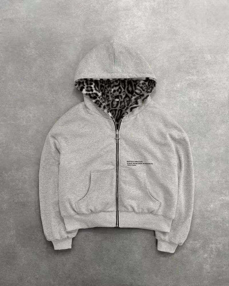 Men's Reversible Zip-Up Hoodie With Leopard Print - Oversized Pullover Sweatshirt For Winter & Fall, Unisex Streetwear_voghion.com