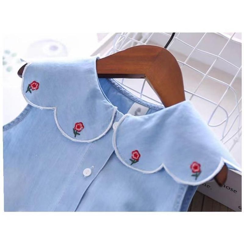 Set due pezzi con top in denim con risvolto ricamato e gonna in rete da principessa per ragazze_voghion.com