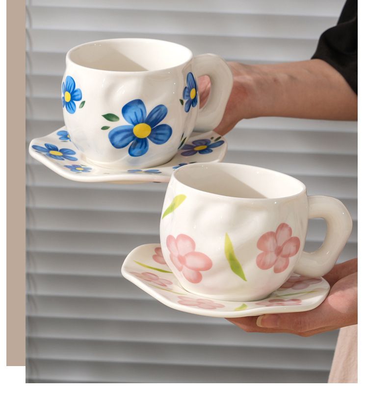 Ins Style Ceramic Coffee Pinched Hand Painted Irregular And Saucer High Aesthetic Breakfast Cup_voghion.com