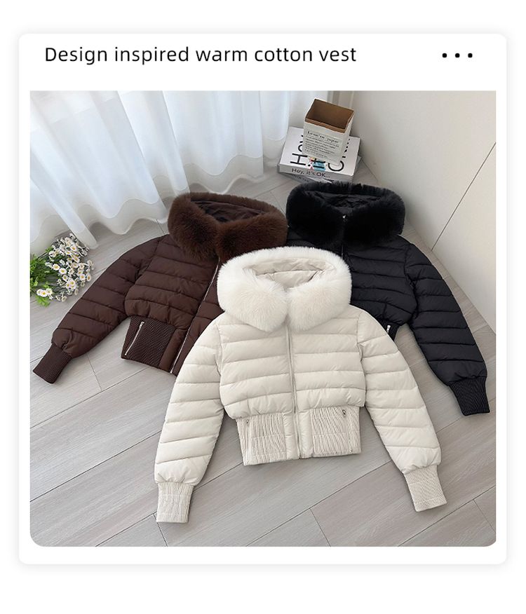 Pufferjacke mit Kunstpelzkapuze für Damen, Winterkurzmantel mit abnehmbarem Kragen, Slim Fit, gesteppte Oberbekleidung in Schwarz/Braun/Creme_voghion.com