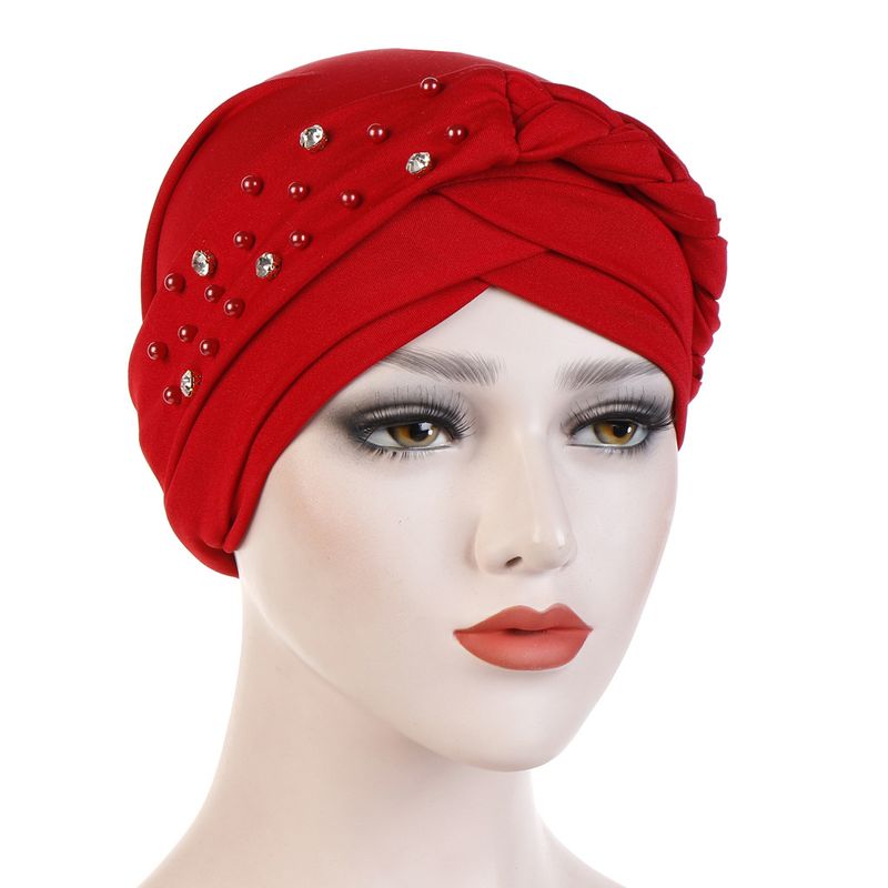 New Spring and Autumn Style Muslim Baotou Hat Monochrome Single Strip Single Side Beads Drill Whip Turban Hat_voghion.com