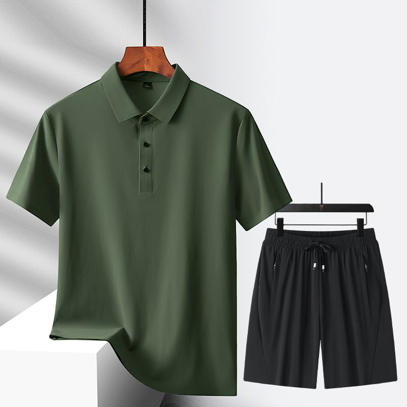 CT 2025 Novo Conjunto de Camiseta e Shorts Sem Costura de Seda Gelada para Homens, Cor Sólida, Polo Simples, Verão, Manga Curta Masculina_voghion.com