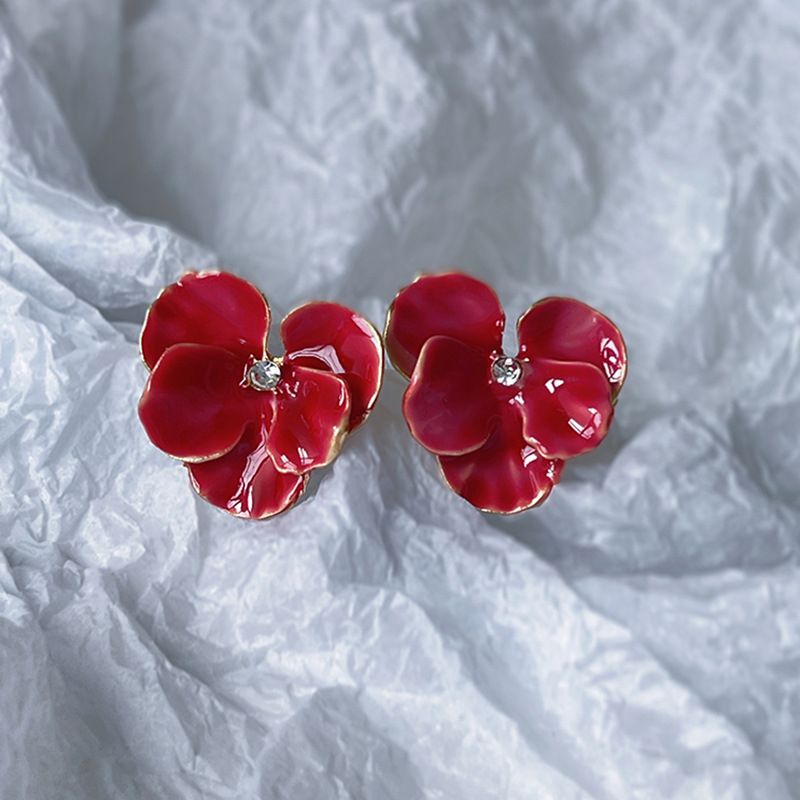Orecchini da donna in stile coreano con cinque petali di garofano, smalto rosso e blu, 2024_voghion.com
