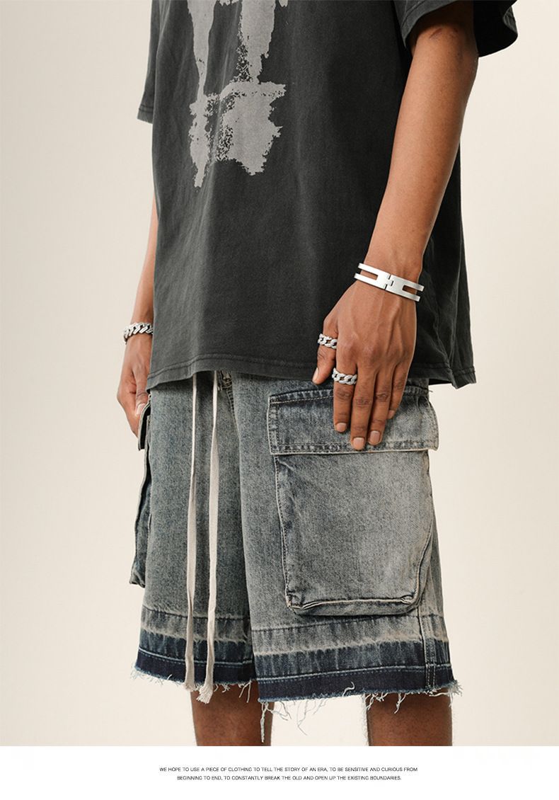 Herreklær High Street Vibe Vasket, slitt denimshorts med rå kanter Trendy merkevare Løse shorts med flere lommer_voghion.com