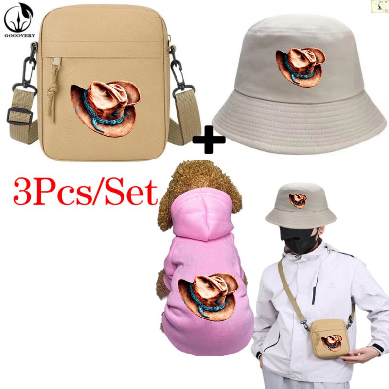 Animal Kangaroo3Pcs/Set Cowboy Hat Print Bag Hat Set Pet Apparel Three-Piece Combo Winter Comfort Pet Clothing Stylish Ideal For Outdoor Pet Travel_voghion.com