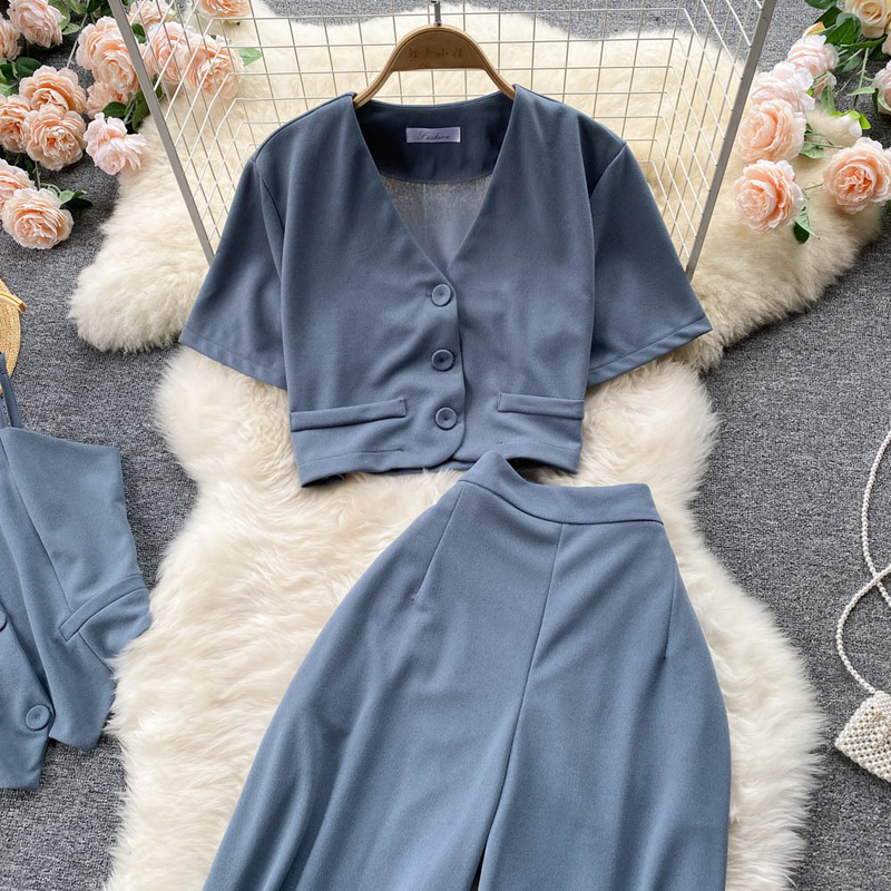 Camisola de verão feminina curta com decote em v camisa jaqueta cintura alta calças largas conjunto de três peças_voghion.com