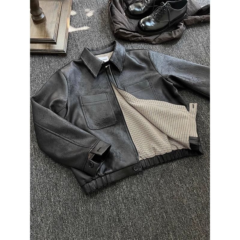 Men's Clothing Vintage PU Leather Jacket With Notched Lapel & Side Pockets – Casual Distressed Biker Coat For Spring & Fall (Houndstooth, M-XXL)_voghion.com