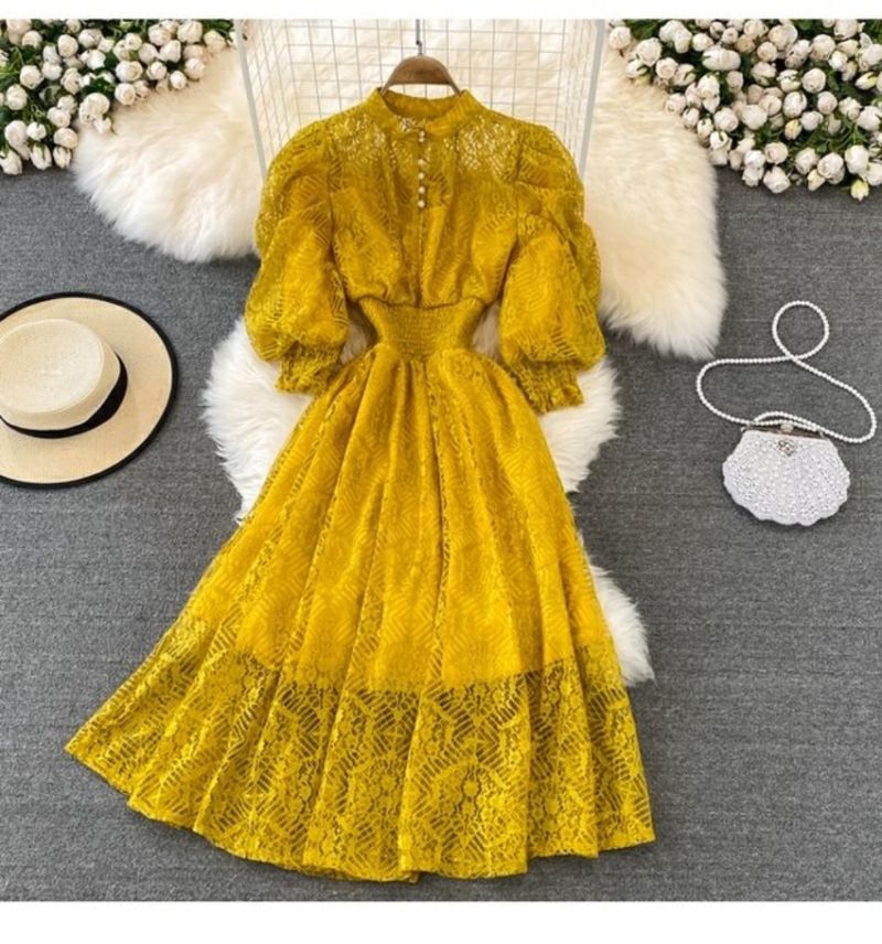 Damen Taille Schlank Puffärmel Spitzenkleid Bohemian Strand Urlaub Langer Rock für Damen_voghion.com