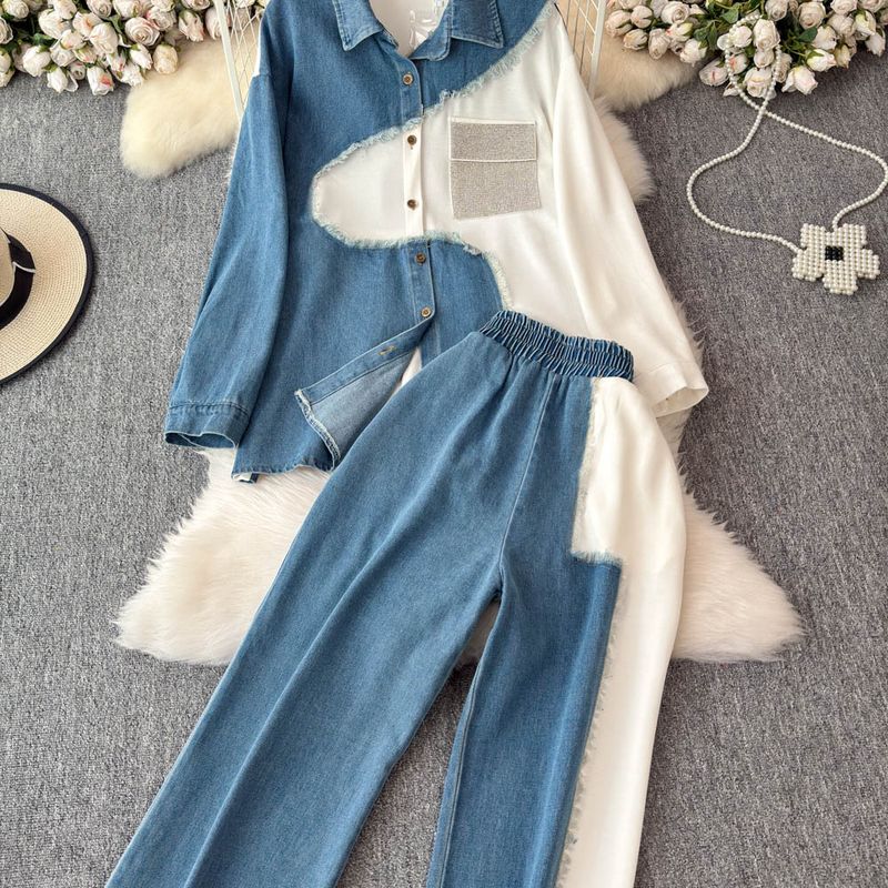 Damenbekleidung Designer-Jeanshemd mit Revers und Patchwork-Muster, langärmeliges Oberteil, Anzug für Frauen, hohe Taille, schmale, farblich passende Hose mit weitem Bein, zweiteiliger Anzug_voghion.com