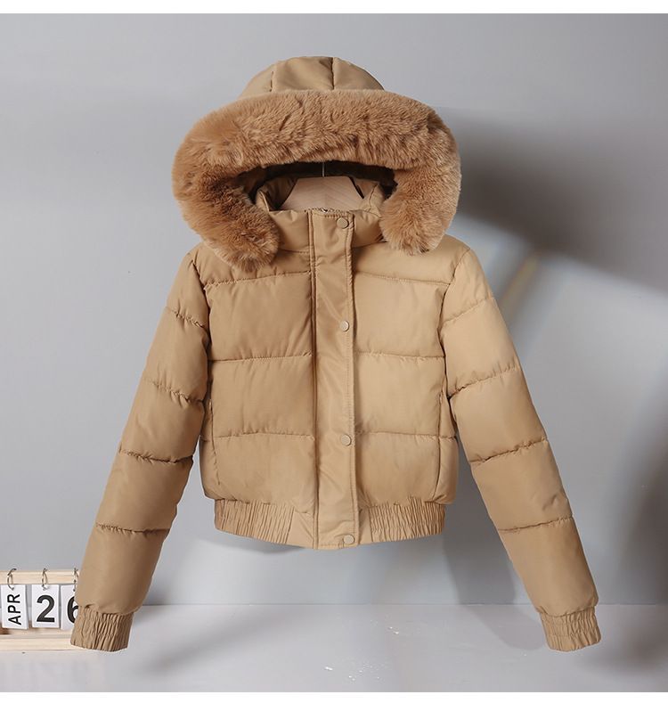 Piumino corto da donna con cappuccio e bordo in pelliccia sintetica - Caldo cappotto invernale foderato in pile per capispalla casual e di piccola taglia, nei colori nero/beige/kaki/marrone_voghion.com