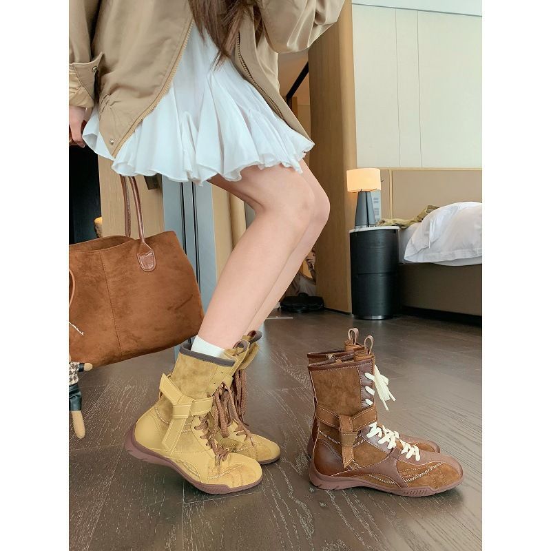 Women Boxing Boots Cowhide Version Grape Mom Same Style Boxing Color Matching Lace Side Zipper Hunting Training Martin Women's Short Boots_voghion.com