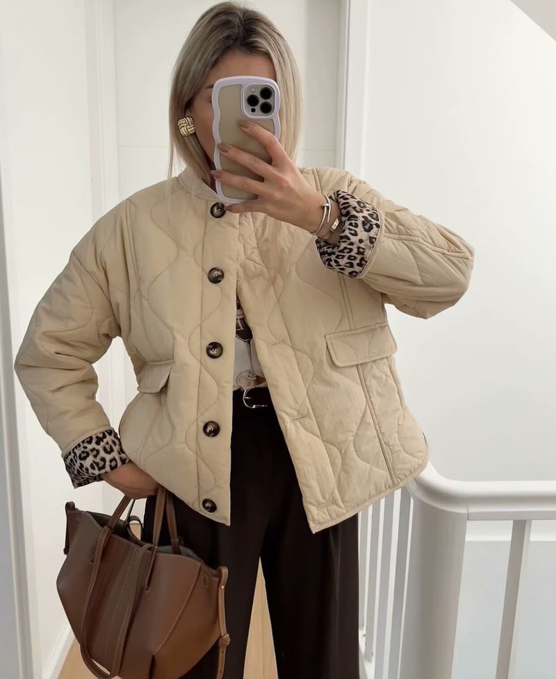 Women's Street Fashion Quilted Puffer Jacket For Autumn Winter - Lightweight Warm Coat With Button Closure, Round Neck, Long Sleeve_voghion.com