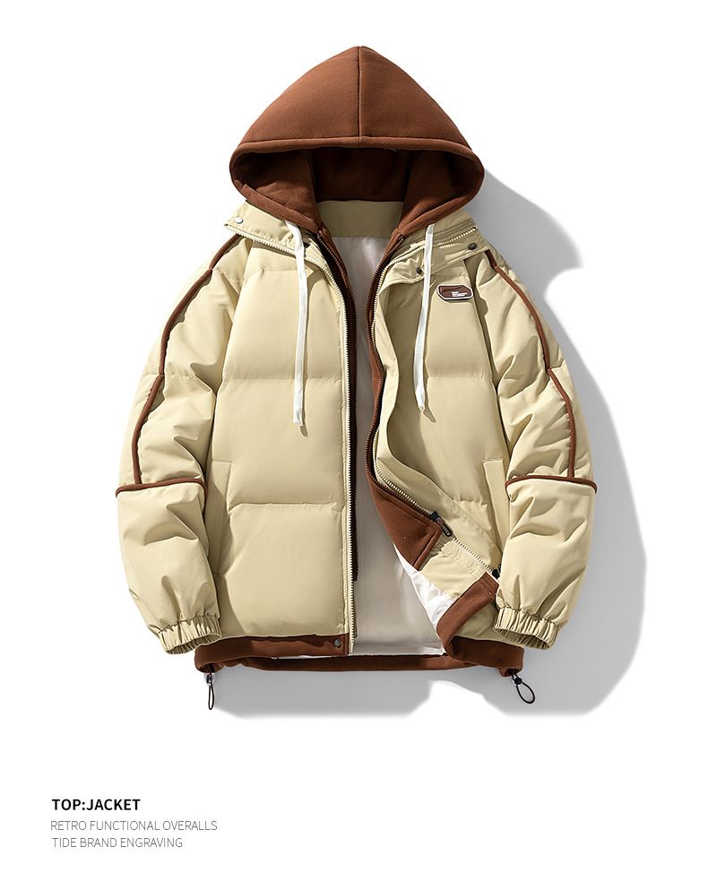 Unisex-Wintermantel mit anpassbarem Logo – Locker sitzende, gestreifte Paarjacke mit Kapuze und falschem zweiteiligem Design_voghion.com