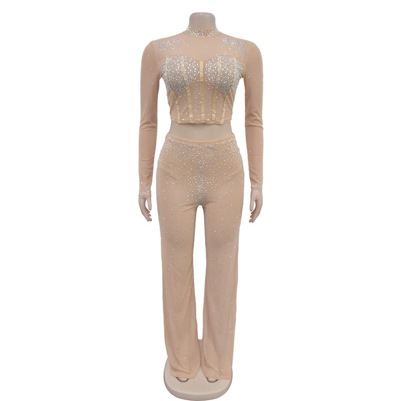 Dameklær Mote Dame Ensfarget Mesh Hot Diamond Langermede Bukser Todelt Sett_voghion.com