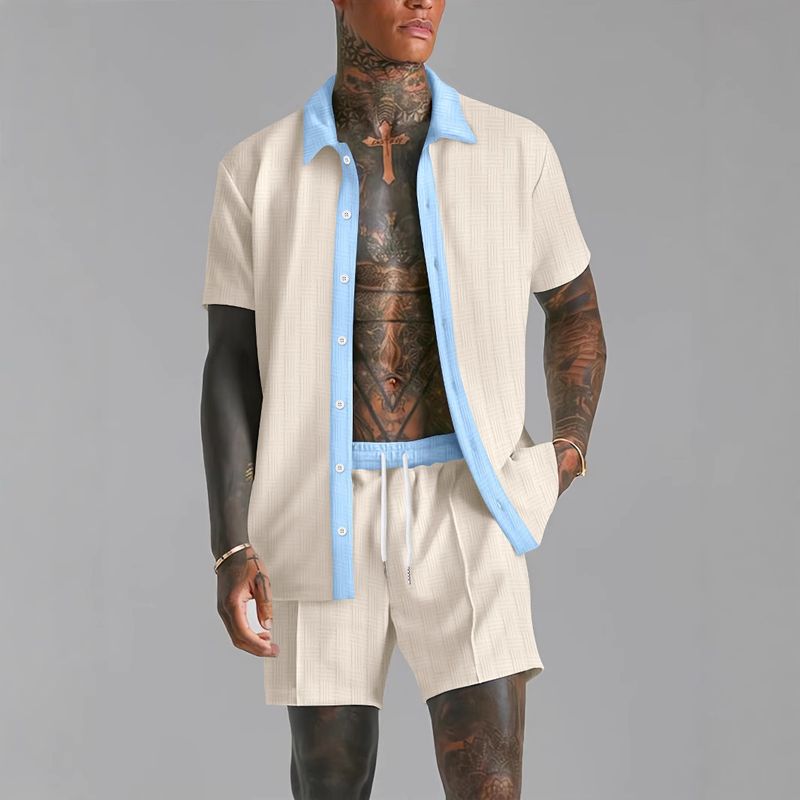 Men's Clothing Off Shelf Men's Casual Color Matching Short Sleeved Shirt Comfortable Shorts Two Piece Set_voghion.com