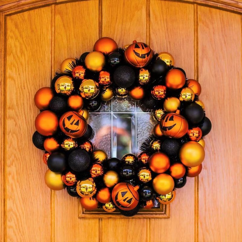 Flowers and grass Halloween smiley pumpkin ball wreath front door pendant festive atmosphere decoration wreath_voghion.com