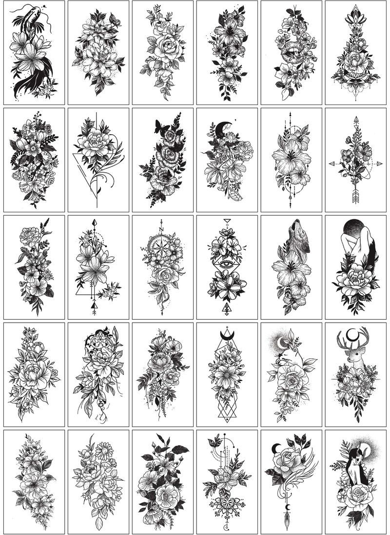 30 de autocolante pentru tatuaje, schiță de flori fluture trandafir alb-negru tatuaje temporare_voghion.com