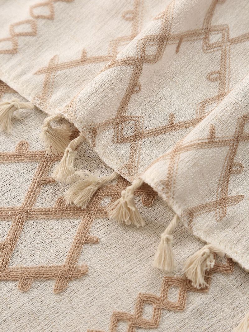 Nappe en lin brodée – Motifs géométriques modernes (chaîne/grille), résistante à l'huile et à la chaleur – Rectangulaire – Décoration d'intérieur minimaliste_voghion.com