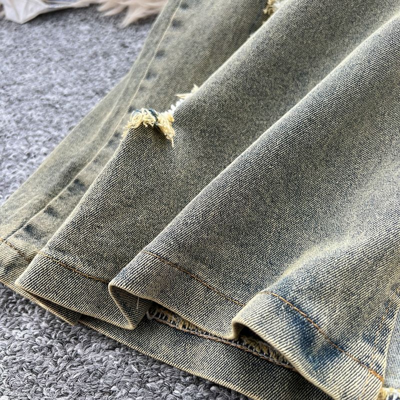 Women's Clothing Retro Washed Distressed Halter Neck Sleeveless Lapel Raw Edge Denim Top Slit Slim Skirt Two Piece Set_voghion.com