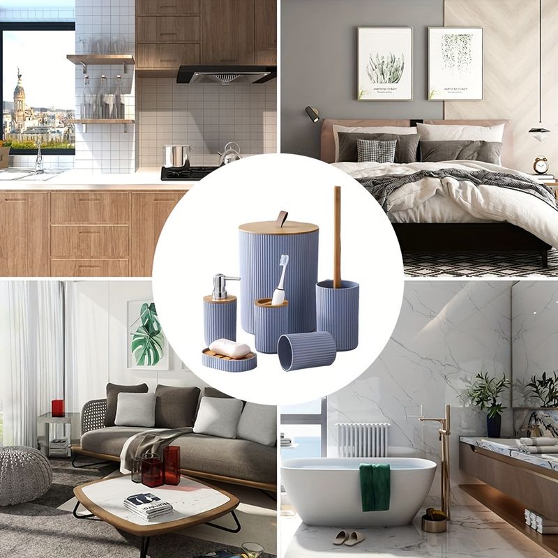 1-teiliges Badezimmer-Zubehör-Set, 6-teiliges Badezimmer-Zubehör-Set mit Mülleimer, Zahnbürstenhalter, Lotion-Seifenspender, Seifenschale, Toilettenbürste_voghion.com