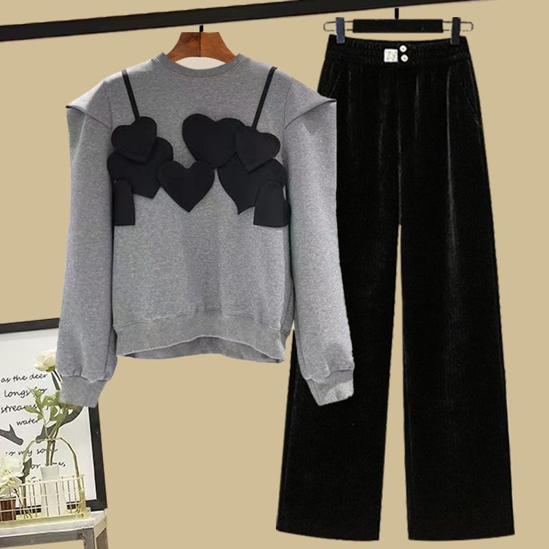 Women's Fashion Set: Embroidered Heart Patch Hoodie With High-waisted Flowy Wide-leg Pants - Casual Streetwear Outfit For Women_voghion.com