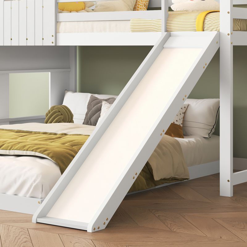 Lit mezzanine avec toboggan, garde-corps de sécurité, design fenêtre et toit, échelle à 3 niveaux, pin et MDF, blanc, 90 x 200 cm et 140 x 200 cm_voghion.com