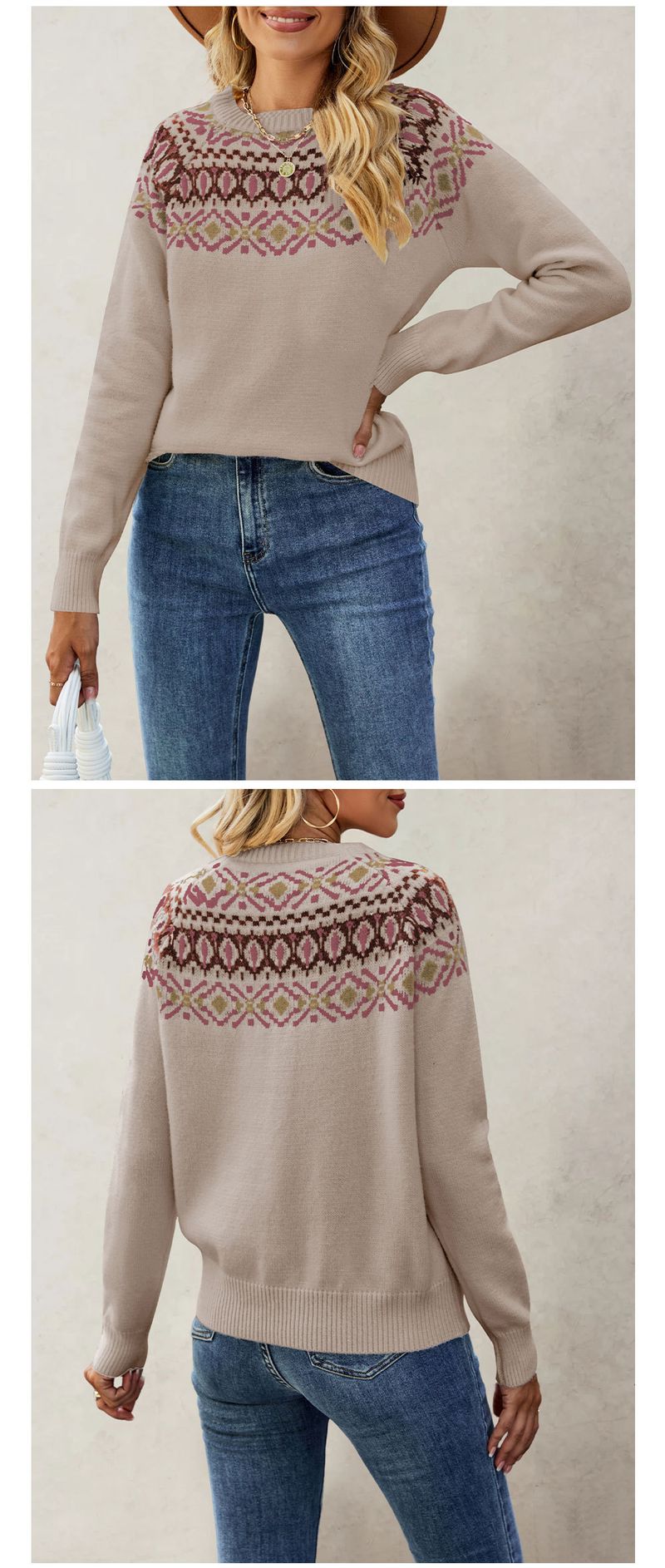 Maglione da donna lavorato a maglia con scollo rotondo e lavorazione jacquard retrò_voghion.com