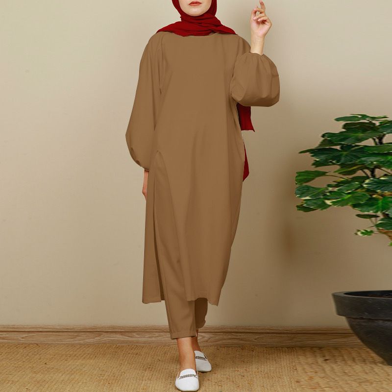 Verve 2025 New Muslim Comfortable Casual Solid Color Sleeve Round Neck Split Long Pants Set_voghion.com