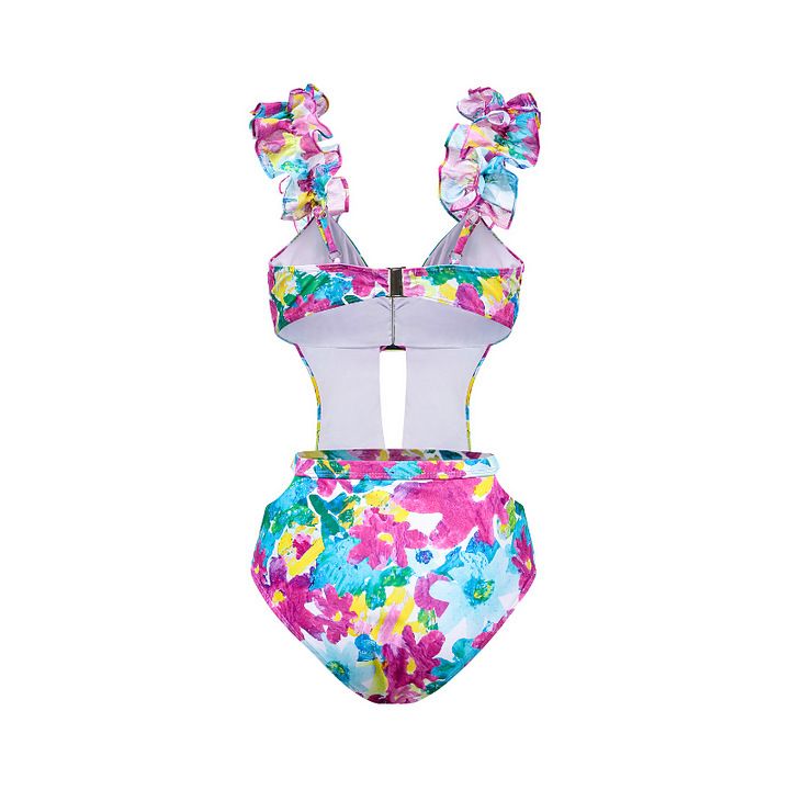 Maillot de bain une pièce pour femme, ensemble maillot de bain une pièce à imprimé ajouré, col licou et jupe parapluie_voghion.com