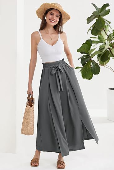 Calça Palazzo Feminina Leve, Casual, de Cintura Alta, com Bolsos e Fenda - Calça Larga e Flutuante para o Verão_voghion.com