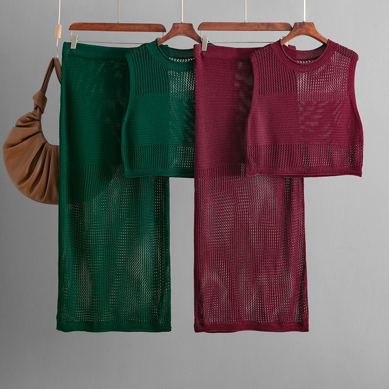 Women's Clothing Slim Hollow Sleeveless Vest Suit Summer New Knitted Slit Skirt Two Piece Suit_voghion.com