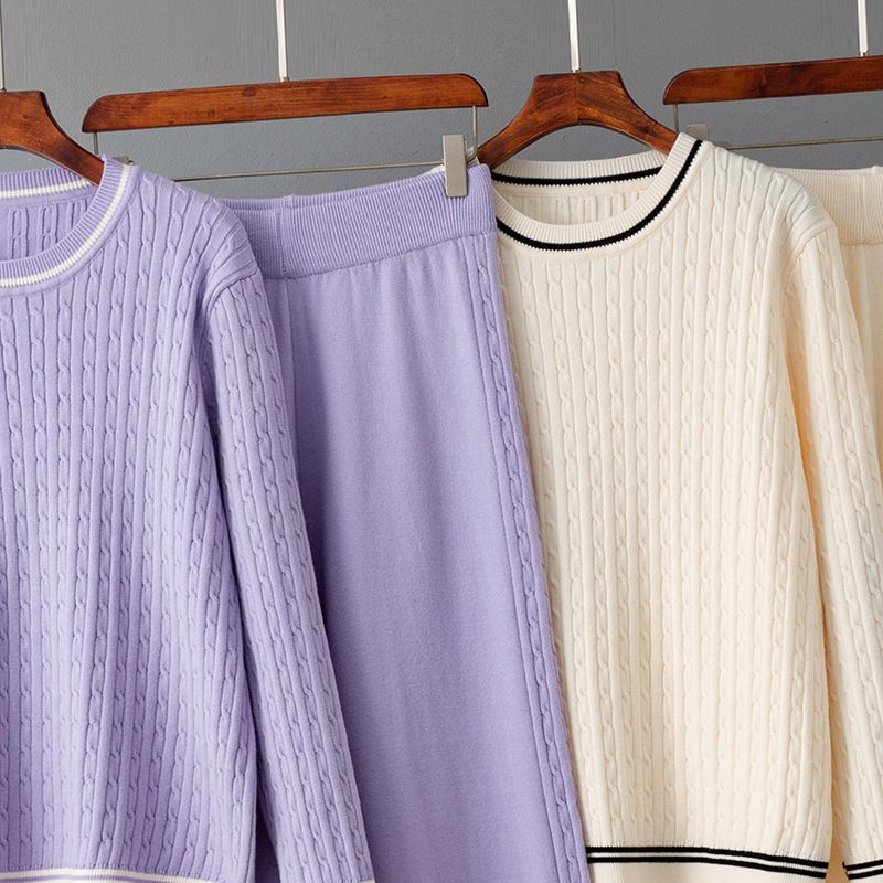 Elegante set di maglione e pantaloni in maglia - Completo casual a righe con pullover a maniche lunghe e pantaloni in morbida miscela di viscosa, versatile per l'ufficio e per tutti i giorni_voghion.com