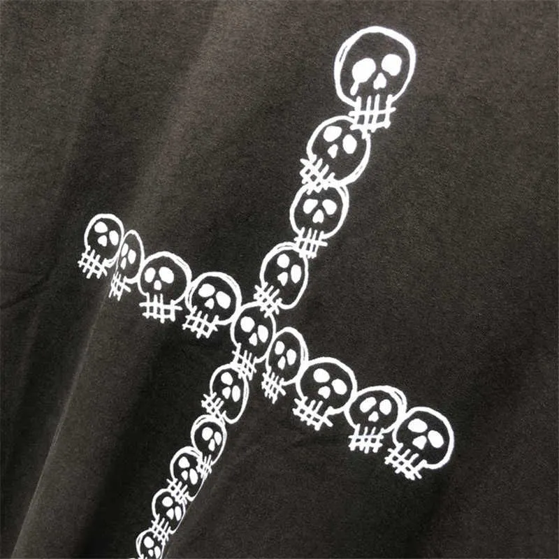 Men's T-Shirts Vintage Hole T Shirt Men Women Best Quality Heavy Fabric T-shirt Oversize Skull Cross Pattern Tee Tops_voghion.com