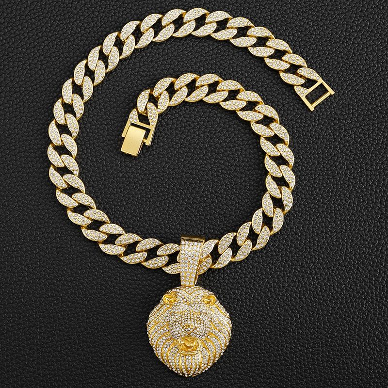 Cool Full Dia Personality Three Dimensional Lion Head Pendant Cuban Necklace Street Hip Hop Style_voghion.com