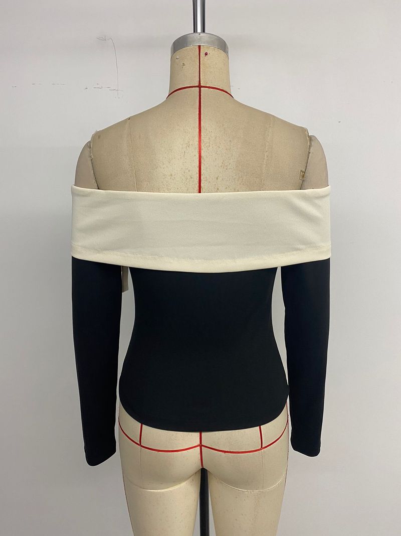 2025 New Cross Border Sexy Sweet Bow Color Blocked One Word Neck Off The Shoulder T-shirt For Women_voghion.com
