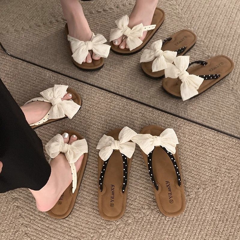 Infradito piatte con fiocco carine per donna, estate 2024, nuovo stile da abbinare a gonne, sandali leggeri e versatili_voghion.com