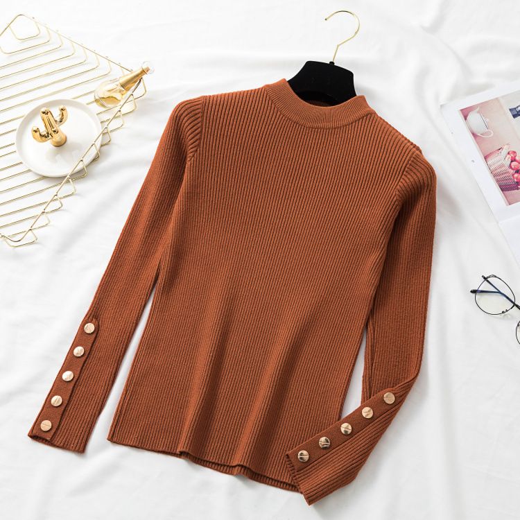 Damen Rundhals Langarm Strickpullover Slim Fit Kurzer Pullover Top Lässiger Leichter Herbst Rollkragen_voghion.com