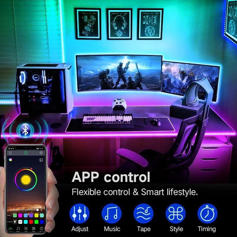 Striscia LED RGB USB 5V con telecomando a 24 tasti e controllo Bluetooth, chip SMD 2835, 60 LED/m, per decorazioni domestiche e feste (1 m/2 m/3 m/4 m/5 m)_voghion.com