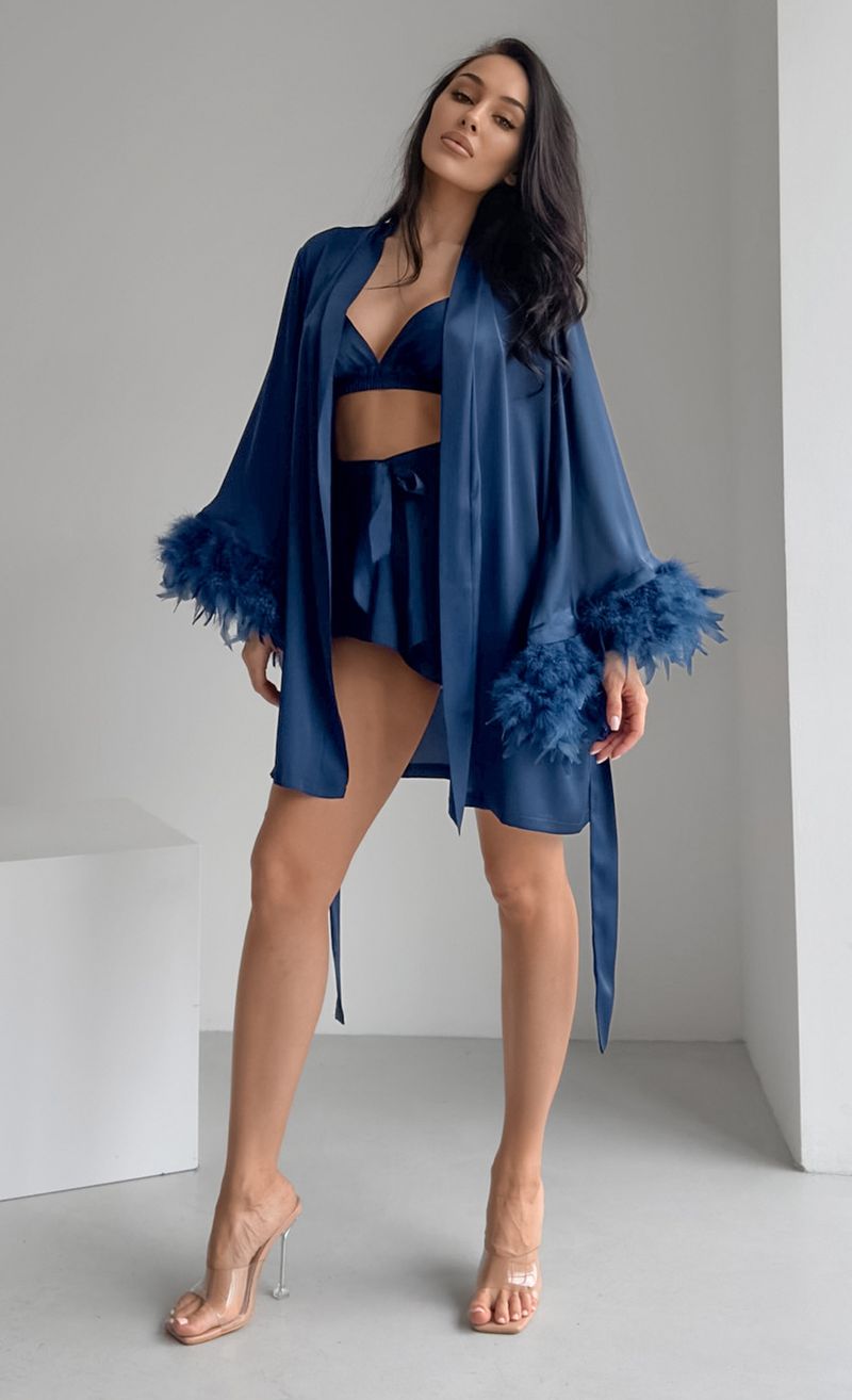 Women's Sleepwears New Underwear Shorts Nightgown Three Piece Set Silk Home Clothes Spring Satin Feather Pajamas_voghion.com