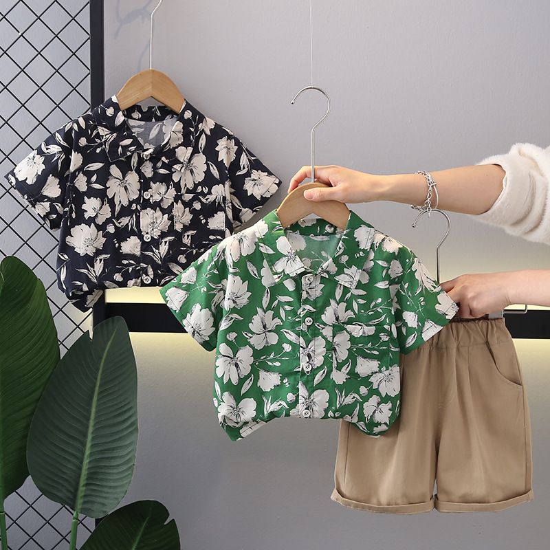 2024 sommer Neue Jungen Blume Hemd Flip Kragen Kurzarm Baby Casual Shorts Zwei Stück Set_voghion.com