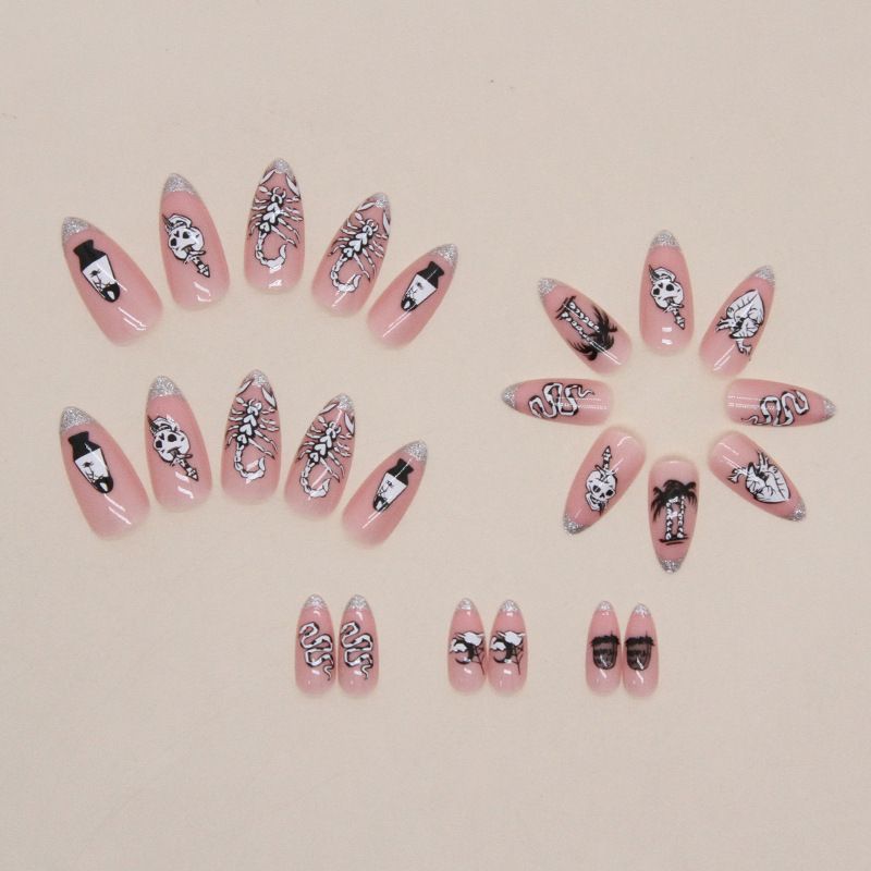 Faux ongles doux et cool, rose foncé, tête de mort, paillettes françaises, Halloween, femme, mi-long, amande, porter des ongles_voghion.com