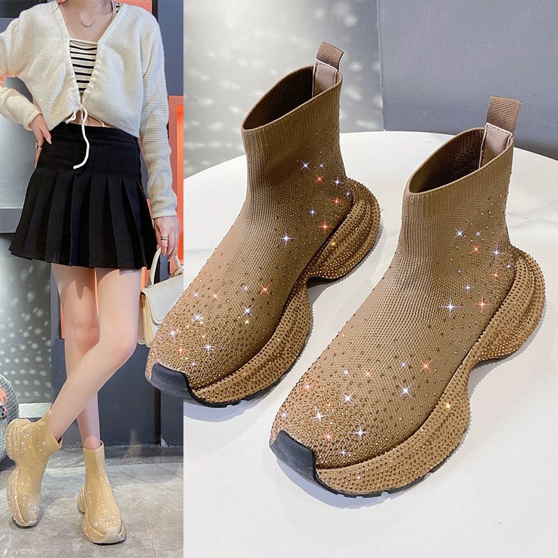 Gestrickte Sockenstiefel für Damen mit Strasssteinen, Slip-On-Sneakers mit dicker Sohle, atmungsaktive, elastische High-Top-Booties für Sommer, Frühling und Herbst_voghion.com