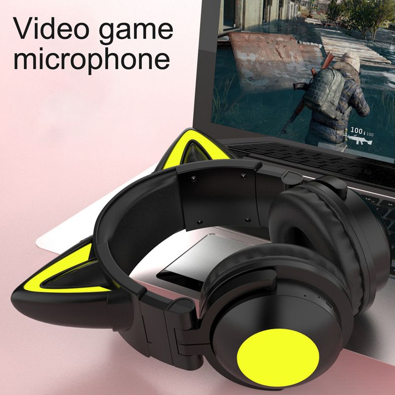 Bluetooth-kompatibel Kopfhörer Bunte Leucht Katze Ohr Form Stereo Musik Wireless Gaming Headset für Handy_voghion.com