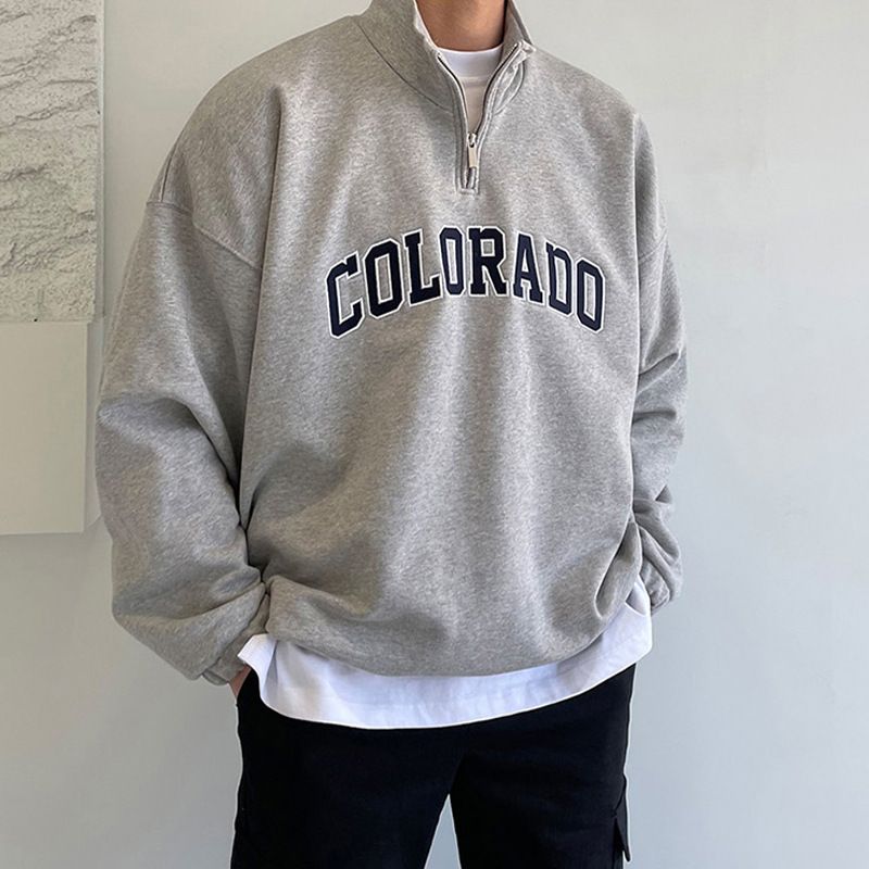 Sweatshirt mit halbem Reißverschluss für Herren, Herbstkleidung, Oberteil mit Buchstabendruck, koreanischer Stil, trendige, lockere Langarmjacke_voghion.com